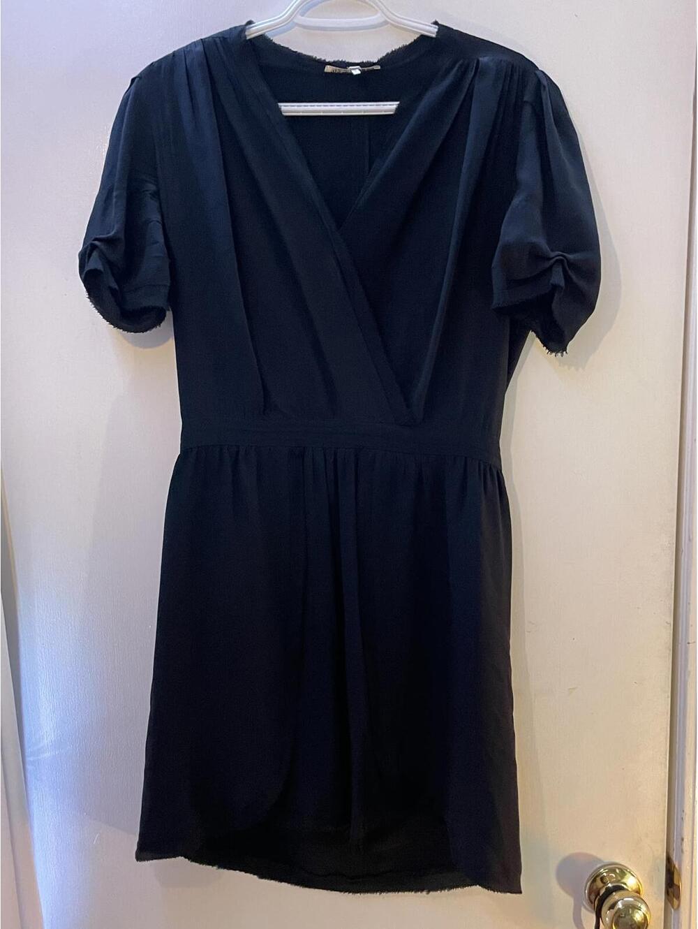 Maje Paris Black Silk Dress Puff Sleeve V-Neck Size 3